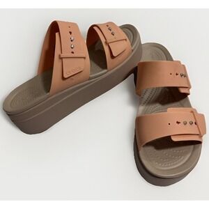 Crocs Brooklyn Buckle Low Wedge Sandals Pink Caramel Size 9 *FLAW